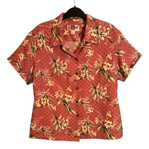 Hilo Hattie 100% Silk Button Up Shirt Size 10 Women's Pink Floral Hawaiian Beach